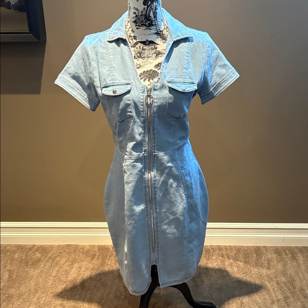 Haute Monde Light Blue Denim Zip Dress